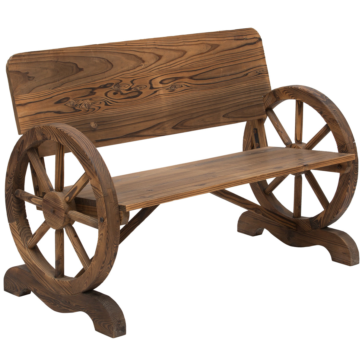 Gartenbank aus Tannenholz mit Wagenrad-Armlehnen