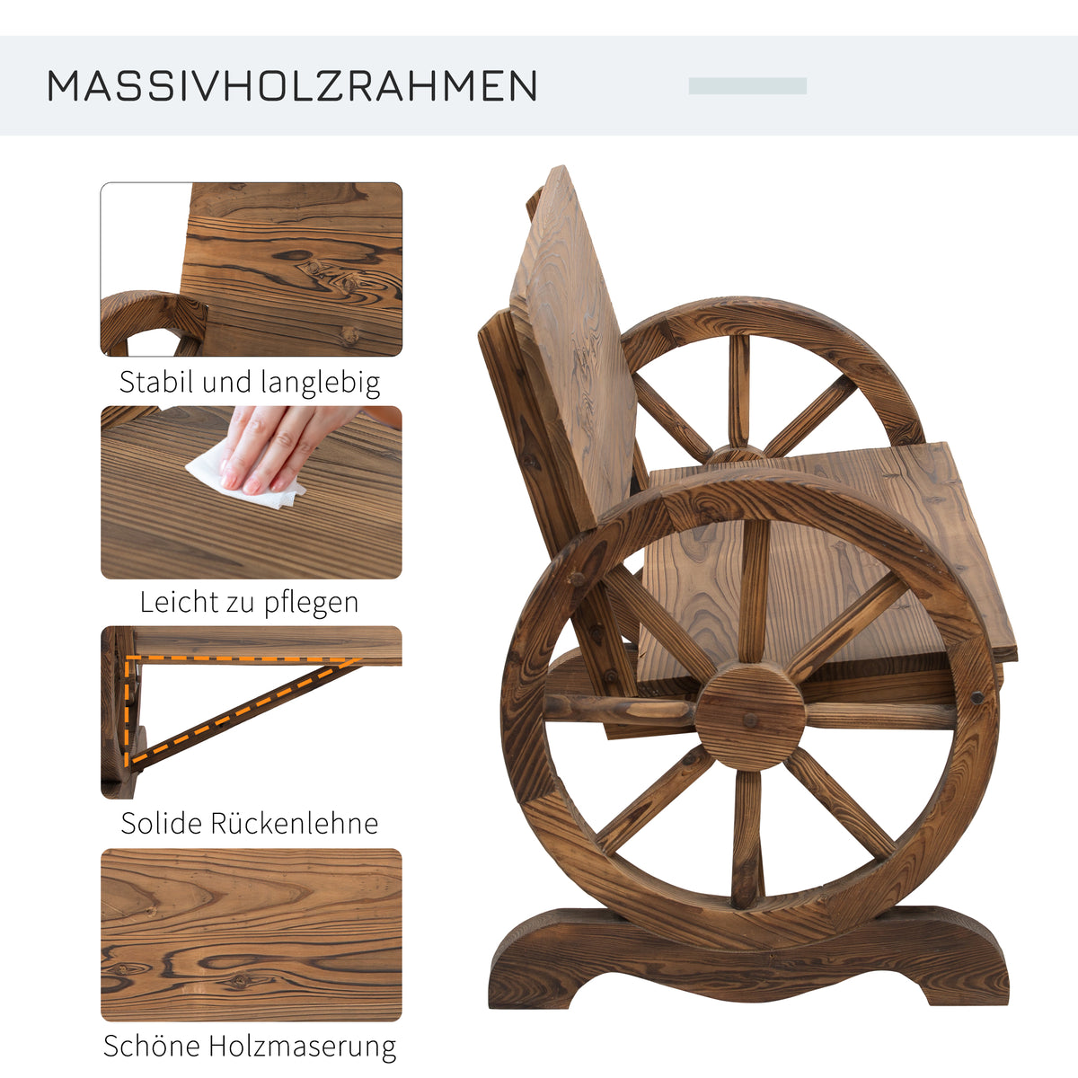 Gartenbank aus Tannenholz mit Wagenrad-Armlehnen