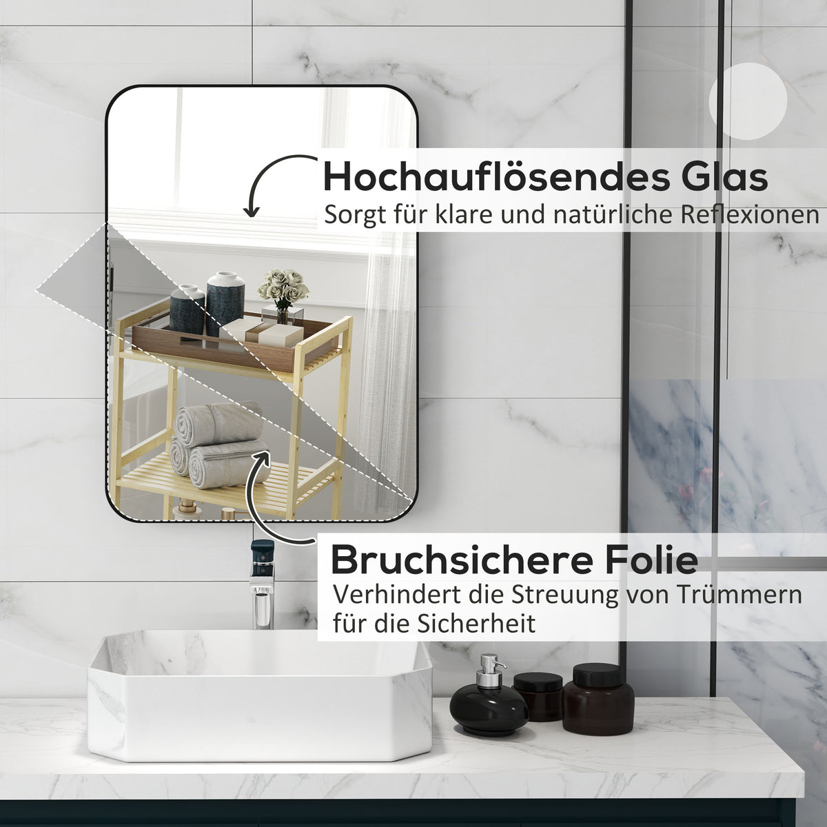 Badspiegel mit Metallrahmen und Splitterschutzfolie