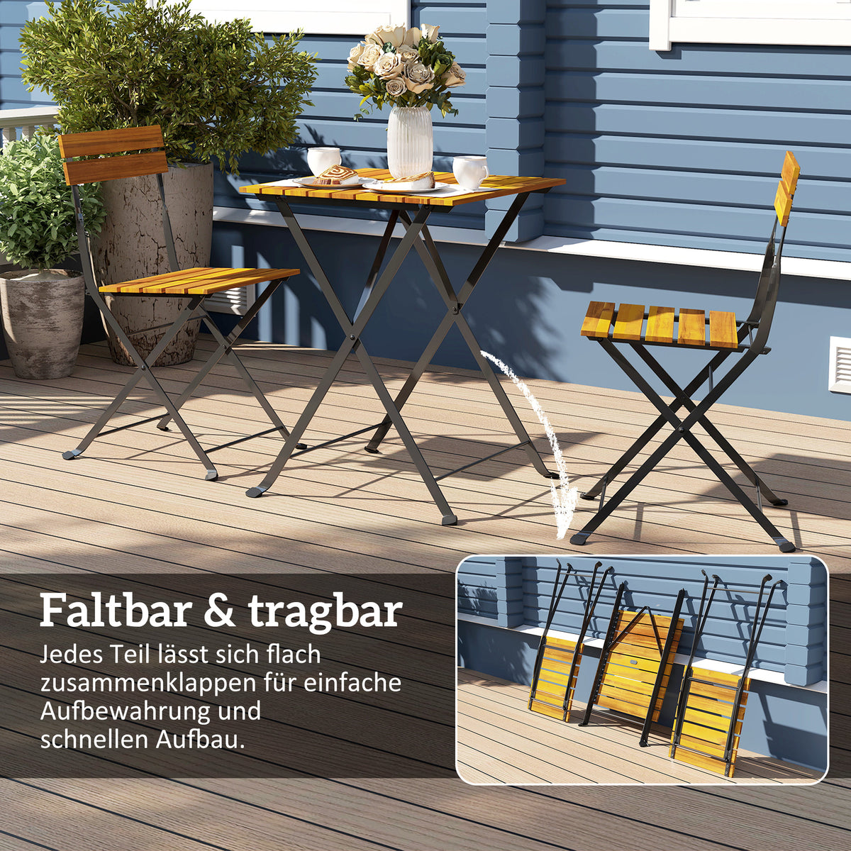 Klappbares Bistro-Set aus Akazienholz mit 2 Stühlen