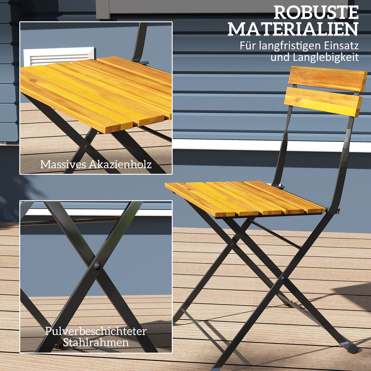 Klappbares Bistro-Set aus Akazienholz mit 2 Stühlen