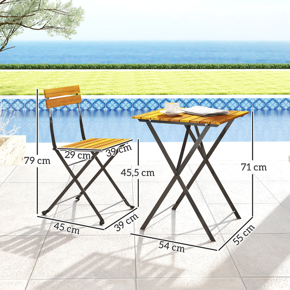 Klappbares Bistro-Set aus Akazienholz mit 2 Stühlen