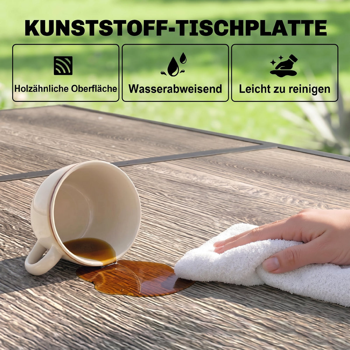Gartentisch für sechs Personen mit verschiedenen Tischplatten