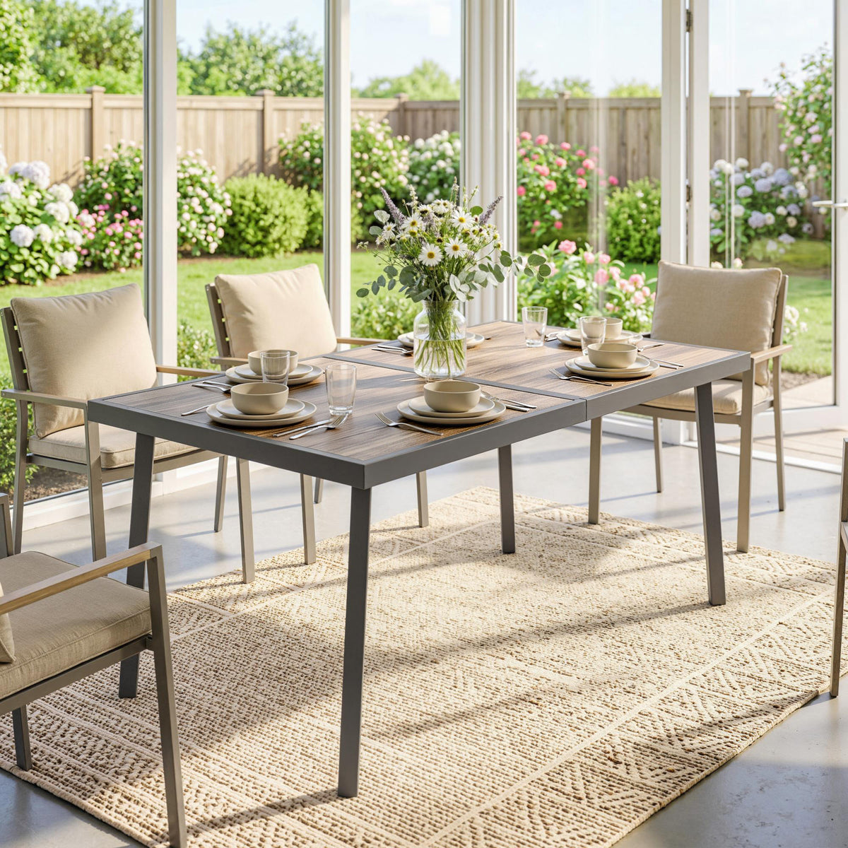 Gartentisch für sechs Personen mit verschiedenen Tischplatten