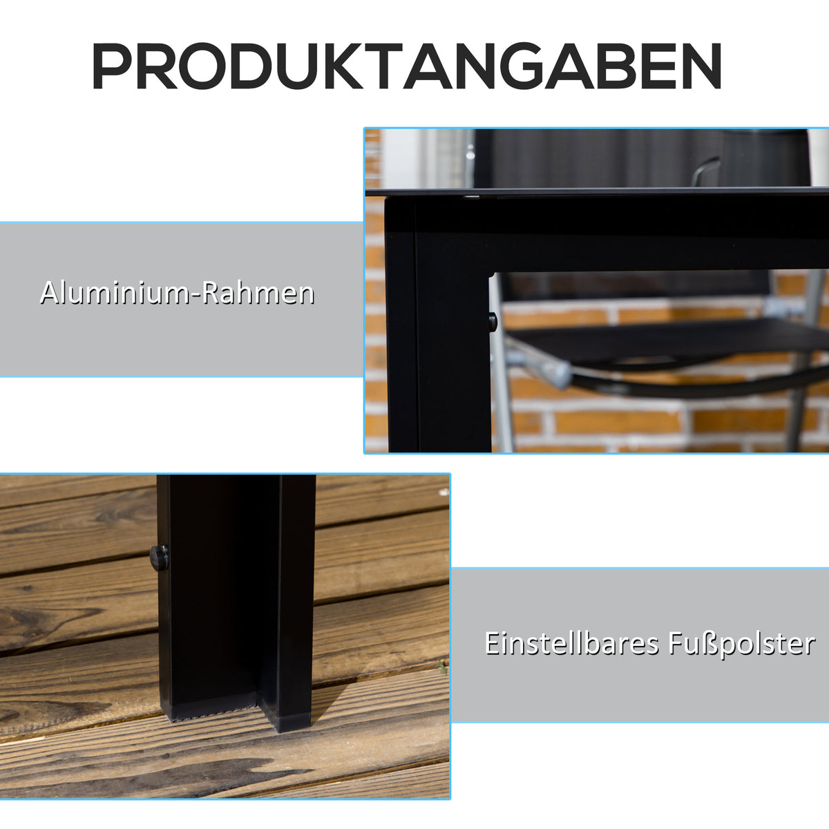 Gartentisch für sechs Personen mit verschiedenen Tischplatten