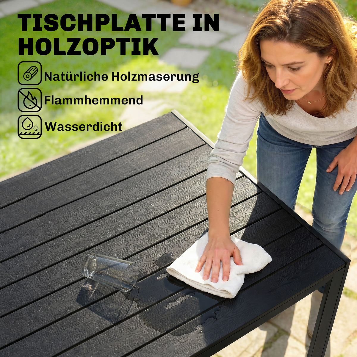 Gartentisch für sechs Personen mit verschiedenen Tischplatten