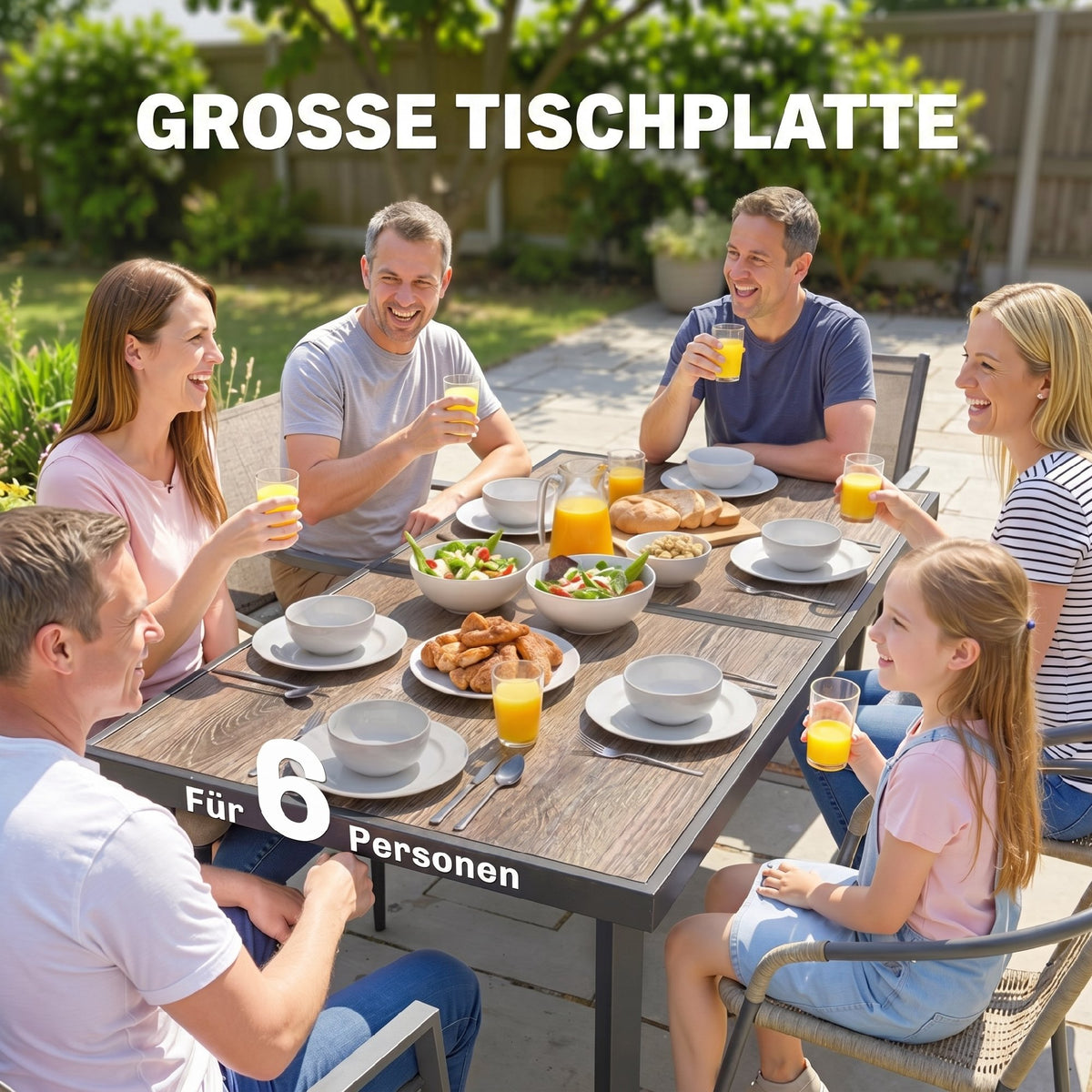 Gartentisch für sechs Personen mit verschiedenen Tischplatten