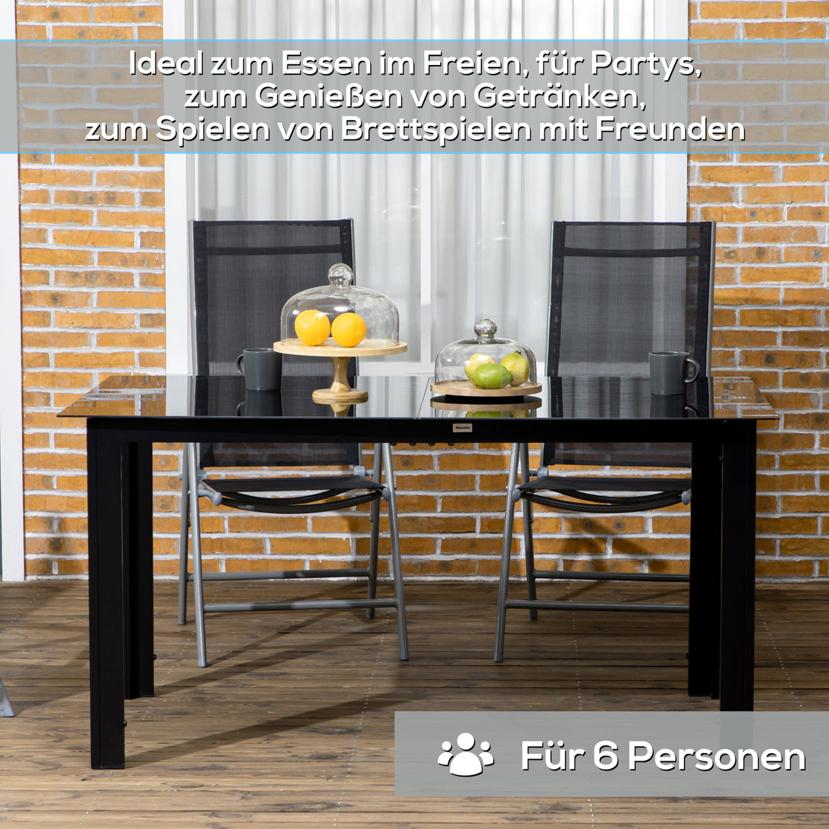 Gartentisch für sechs Personen mit verschiedenen Tischplatten