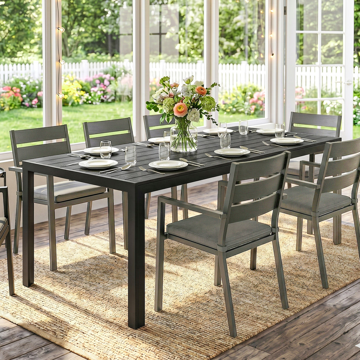 Gartentisch für sechs Personen mit verschiedenen Tischplatten