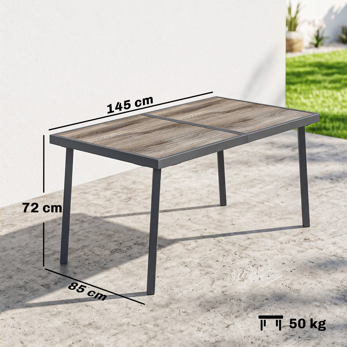 Gartentisch für sechs Personen mit verschiedenen Tischplatten