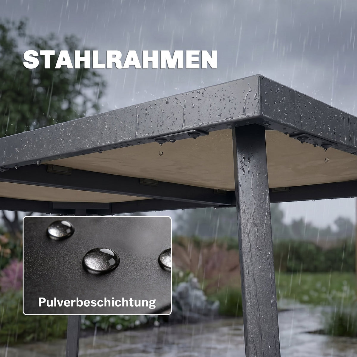 Gartentisch für sechs Personen mit verschiedenen Tischplatten