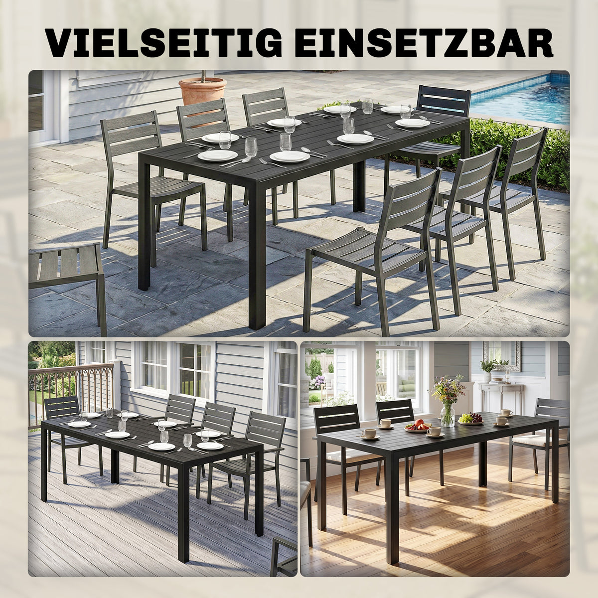 Gartentisch für sechs Personen mit verschiedenen Tischplatten
