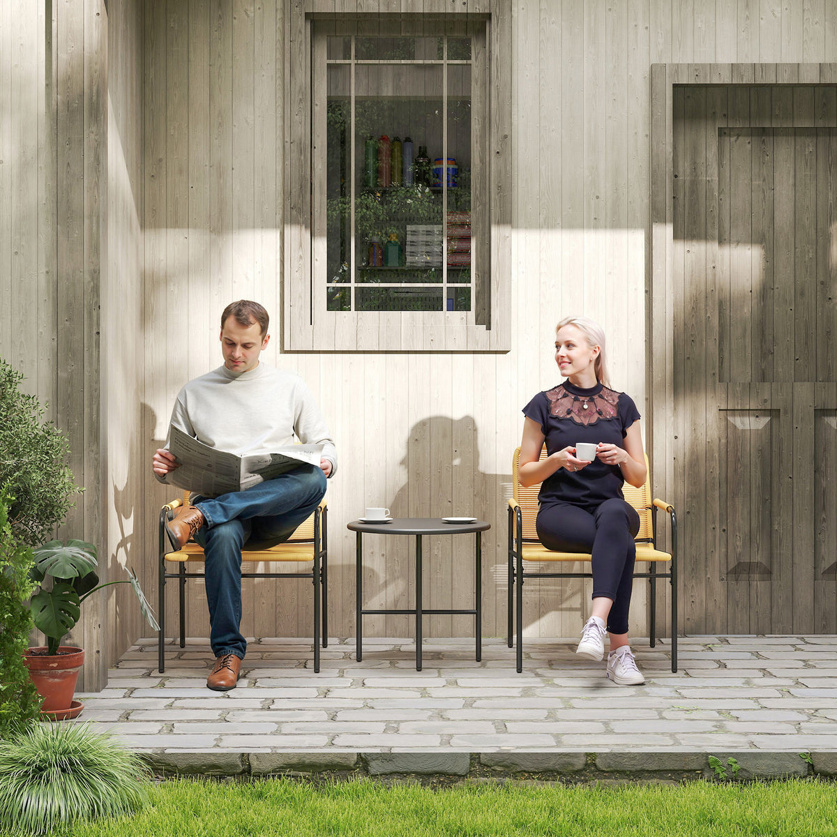 3-teiliges Bistroset aus PE-Rattan mit Stahlgestell