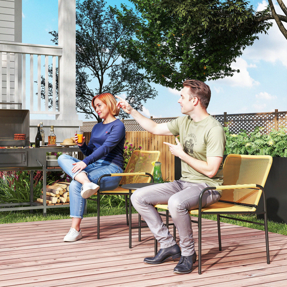 3-teiliges Bistroset aus PE-Rattan mit Stahlgestell