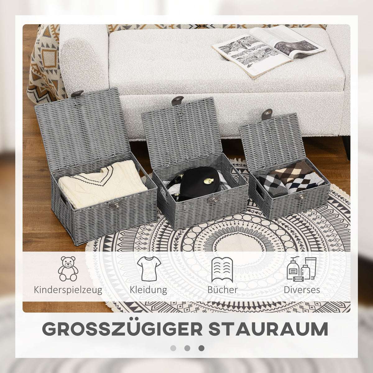 3er-Set Aufbewahrungskörbe mit Deckel, grau