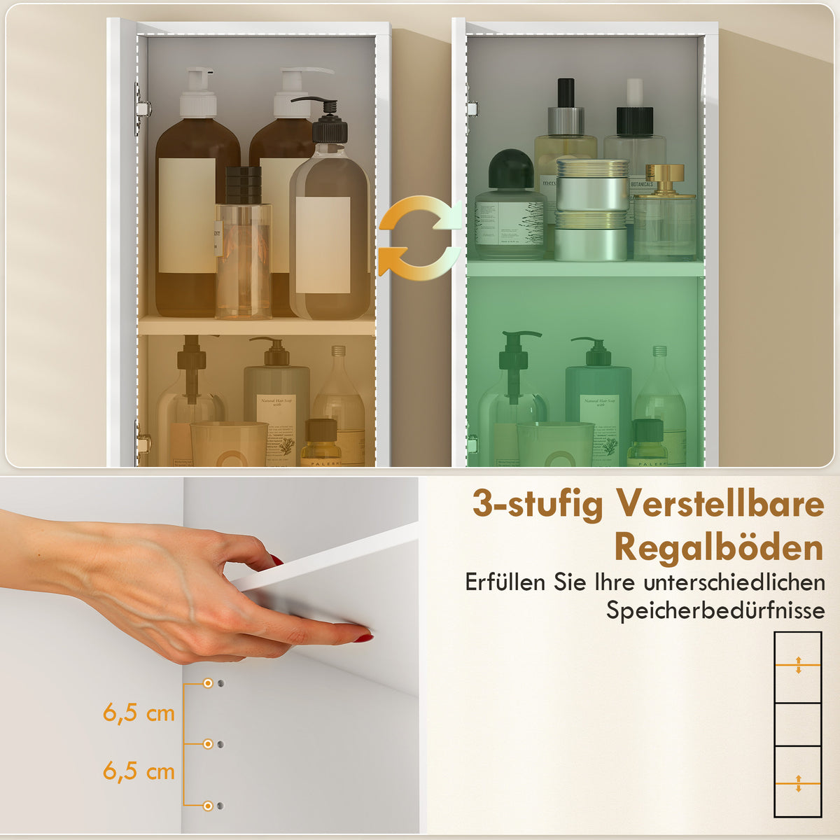 Badezimmer-Hochschrank mit geriffelten Türen und offenem Fach