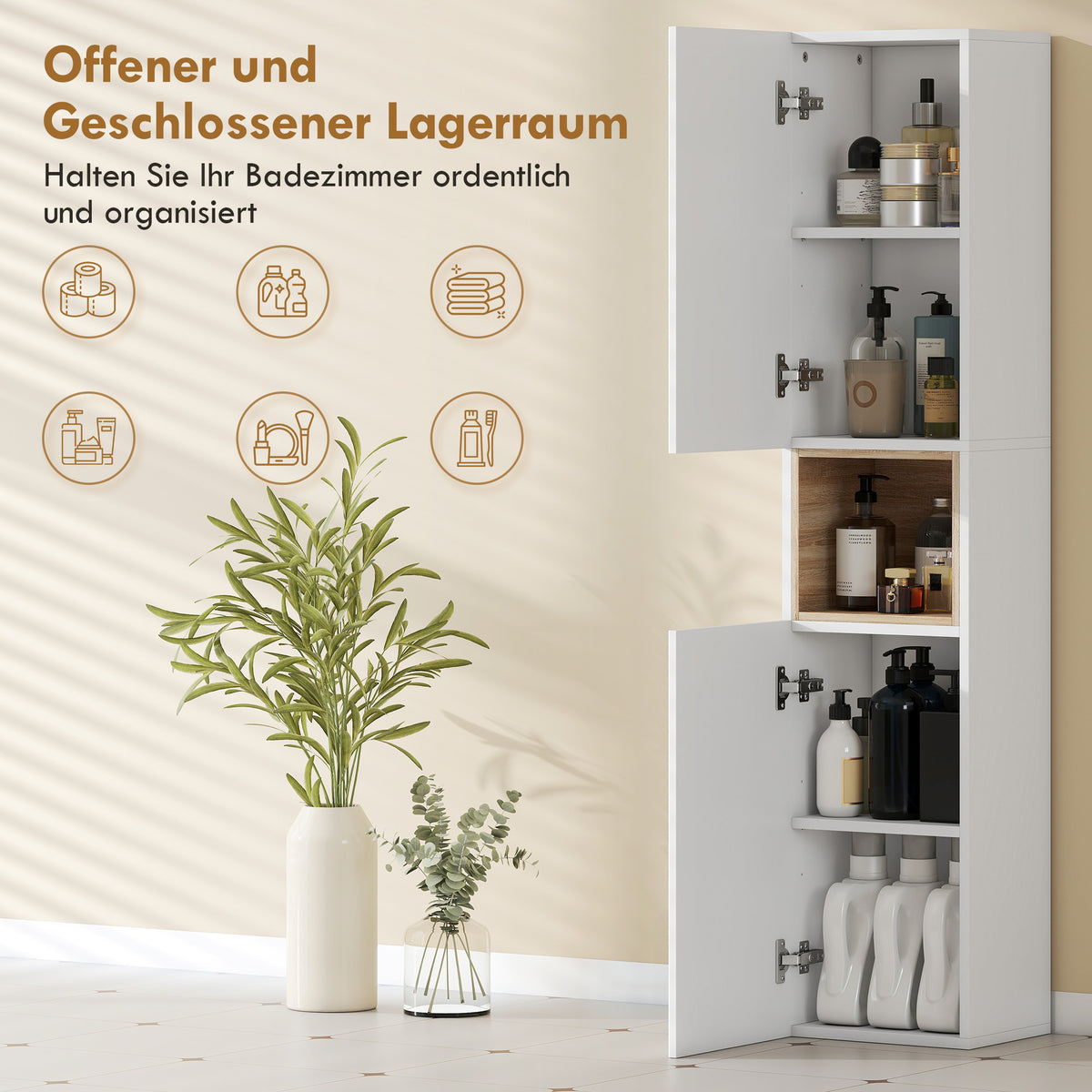 Badezimmer-Hochschrank mit geriffelten Türen und offenem Fach