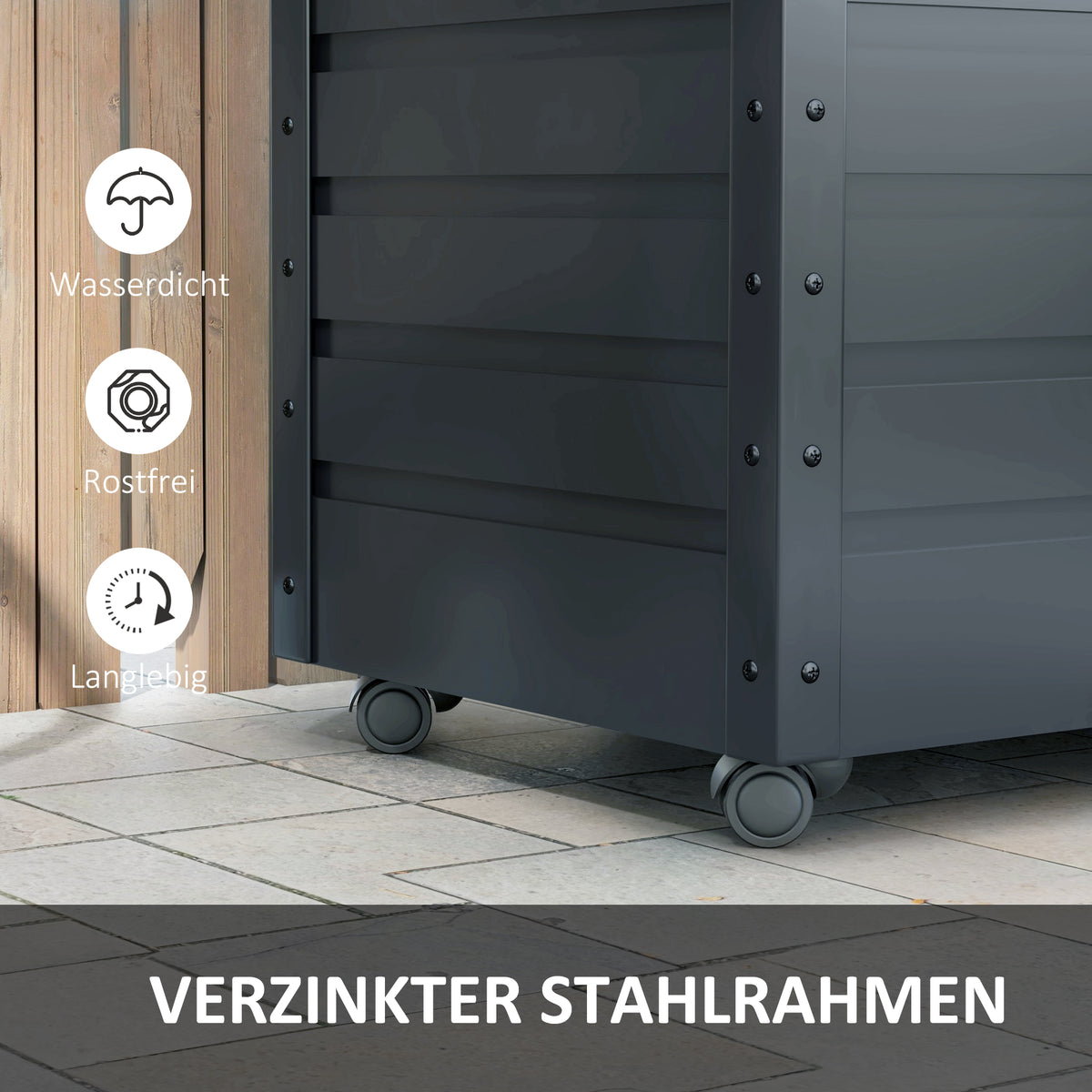 Gartenbox aus verzinktem Stahl mit Rollen